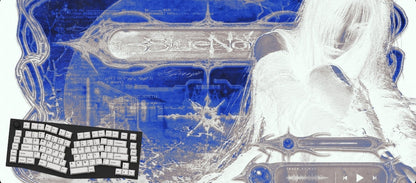 A rectangular mousepad with a blue and white abstract design, featuring stylized text and a partial figure illustration, shown against a black background. A small inset at lower left contains a keyboard layout with labeled keys.