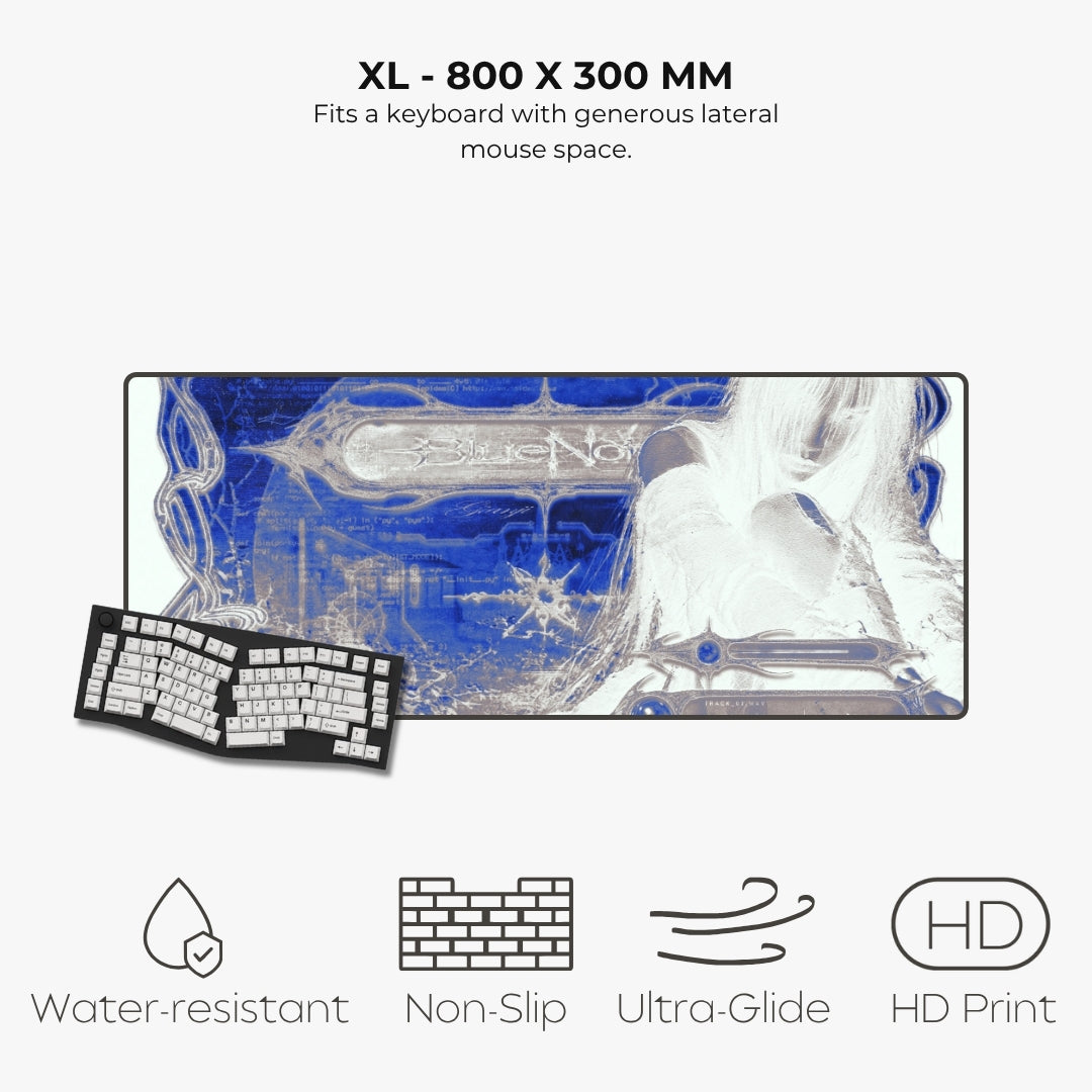 A product listing graphic for a large desk mat or mouse pad. The mat features an illustrated icy blue and white design with a sword motif.