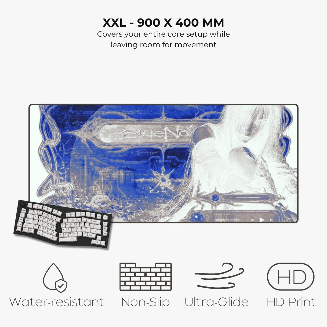 A large rectangular gaming desk mat or mouse pad shown on a light gray background, with text reading 'XXL - 900 X 400 MM' and feature icons for water resistance, non-slip, ultra-glide, and HD print. The mat has a blue, white, and gray abstract printed design, and a small inset shows a keyboard placed underneath as scale context.