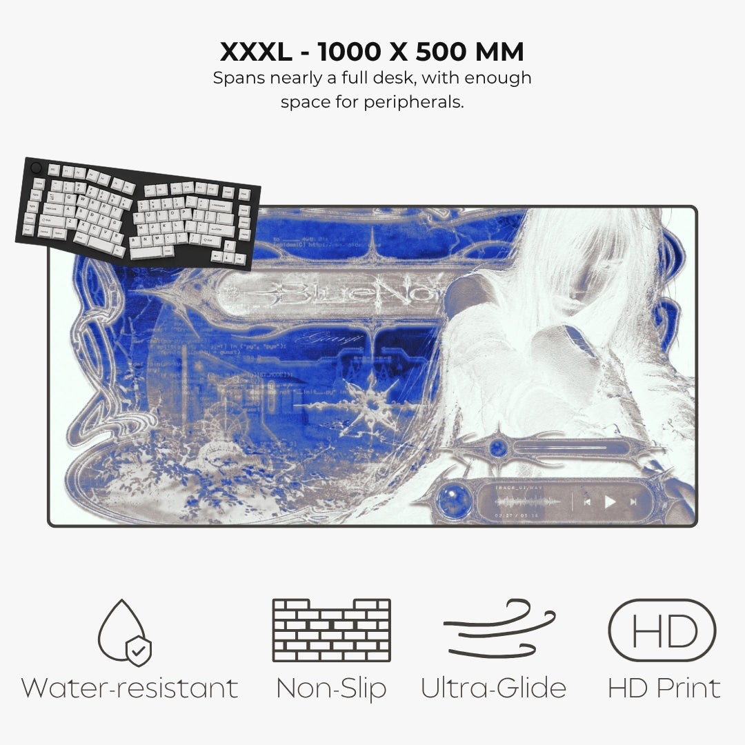 A large XXXL gaming desk mat with a blue and white fantasy illustration, shown on a light gray background with text describing its size and features like water resistance, non-slip, ultra-glide, and HD print.