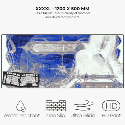 Listing for a large desk mat or gaming mat. The top text reads 'XXXXL - 1200 X 500 MM' with a fitting description, above a rectangular mat shown at an angle with a keyboard overlay illustration.
