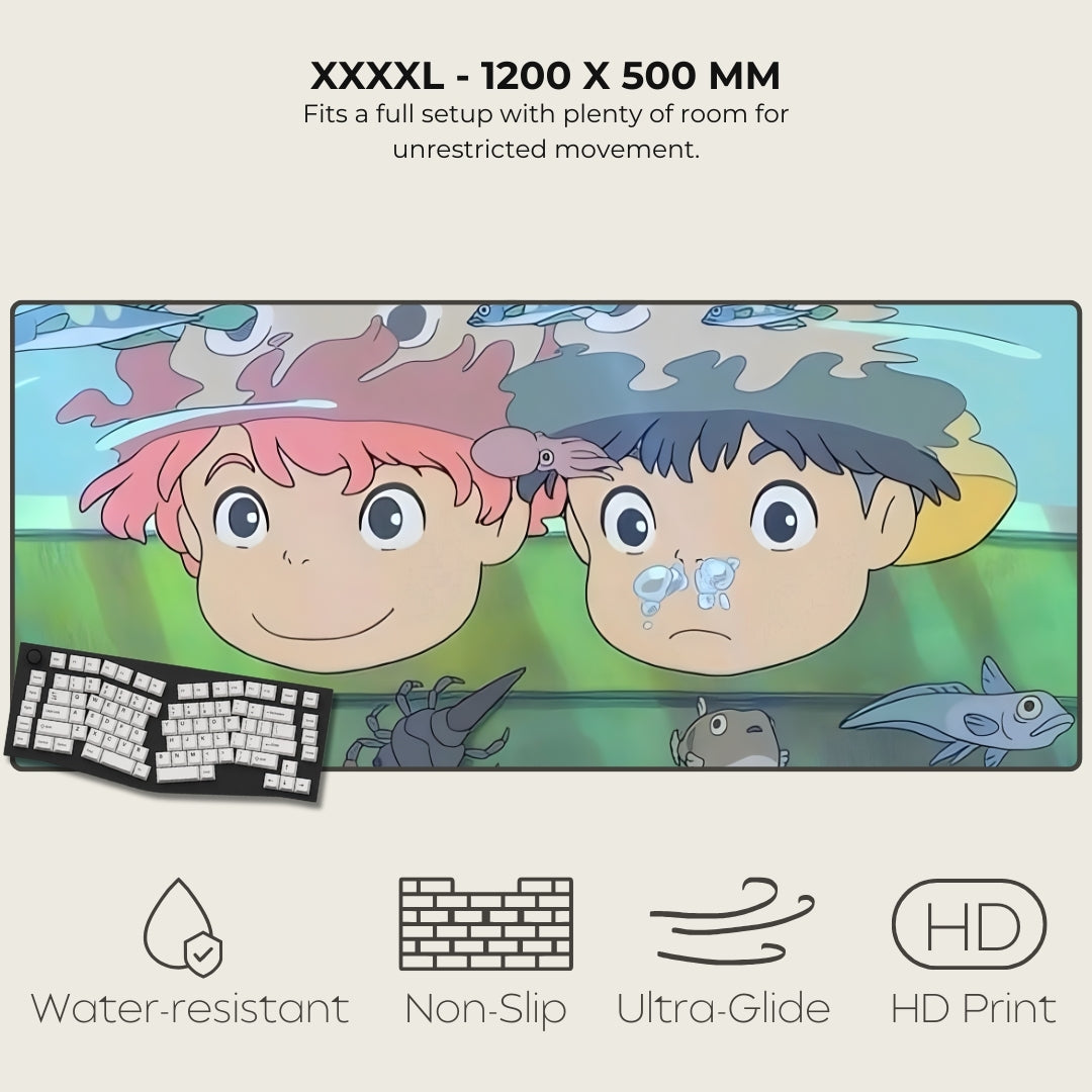 Anime-style illustration of two characters with a keyboard and features listed below.