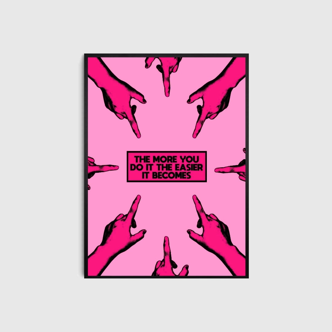 Poster with pink background and black text, featuring multiple hands pointing upwards.