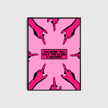 Poster with pink background and black text, featuring multiple hands pointing upwards.