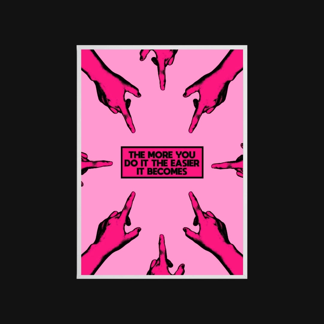 Pink background with black hands pointing upwards and motivational text on a black border