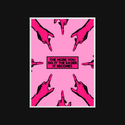 Pink background with black hands pointing upwards and motivational text on a black border