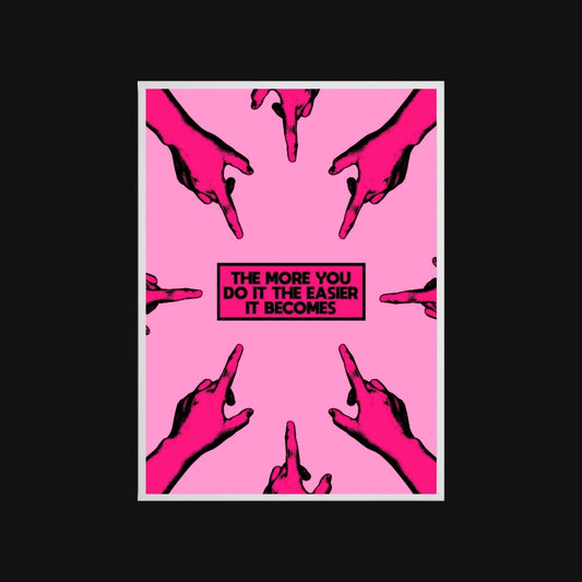 Pink background with black hands pointing upwards and motivational text on a black border