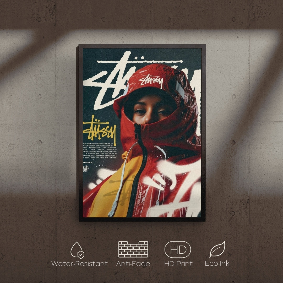 Framed poster of a person wearing a red hoodie with stussy brand logos on a textured wall.