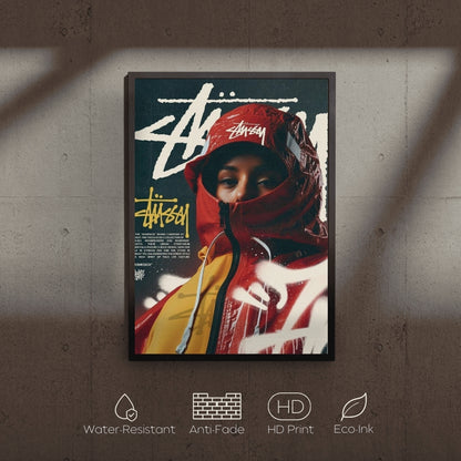 Framed poster of a person wearing a red hoodie with stussy brand logos on a textured wall.