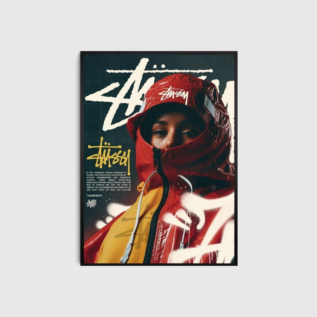 Poster of a person wearing a red and yellow jacket with Stussy logo on a light gray background