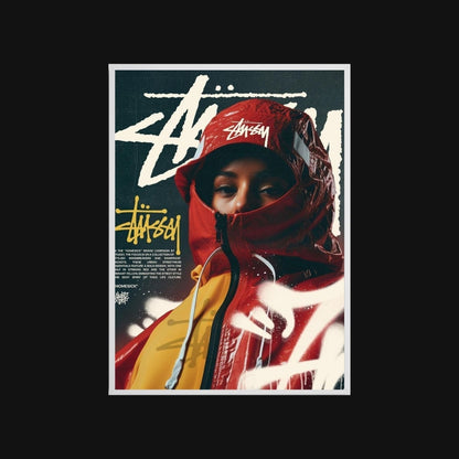 Person wearing a red hoodie with Stussy logo on a dark background