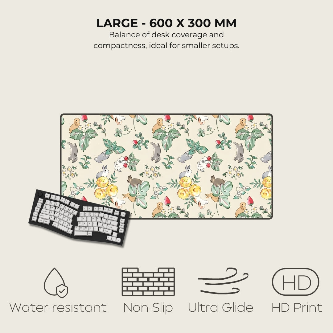 Floral mouse pad with a keyboard on a light gray background, featuring text and icons about product specifications.