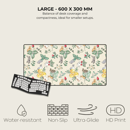Floral mouse pad with a keyboard on a light gray background, featuring text and icons about product specifications.