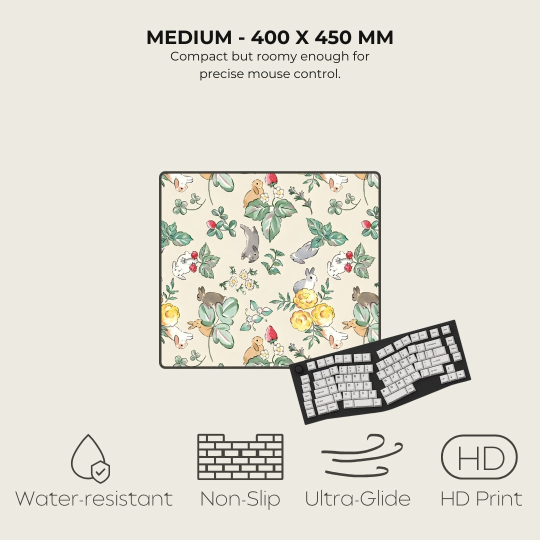 Keyboard mouse pad with floral design and product features on a beige background