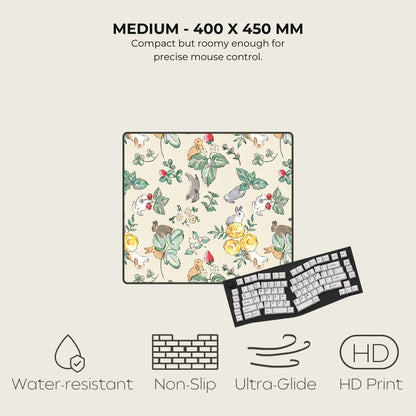 Keyboard mouse pad with floral design and product features on a beige background