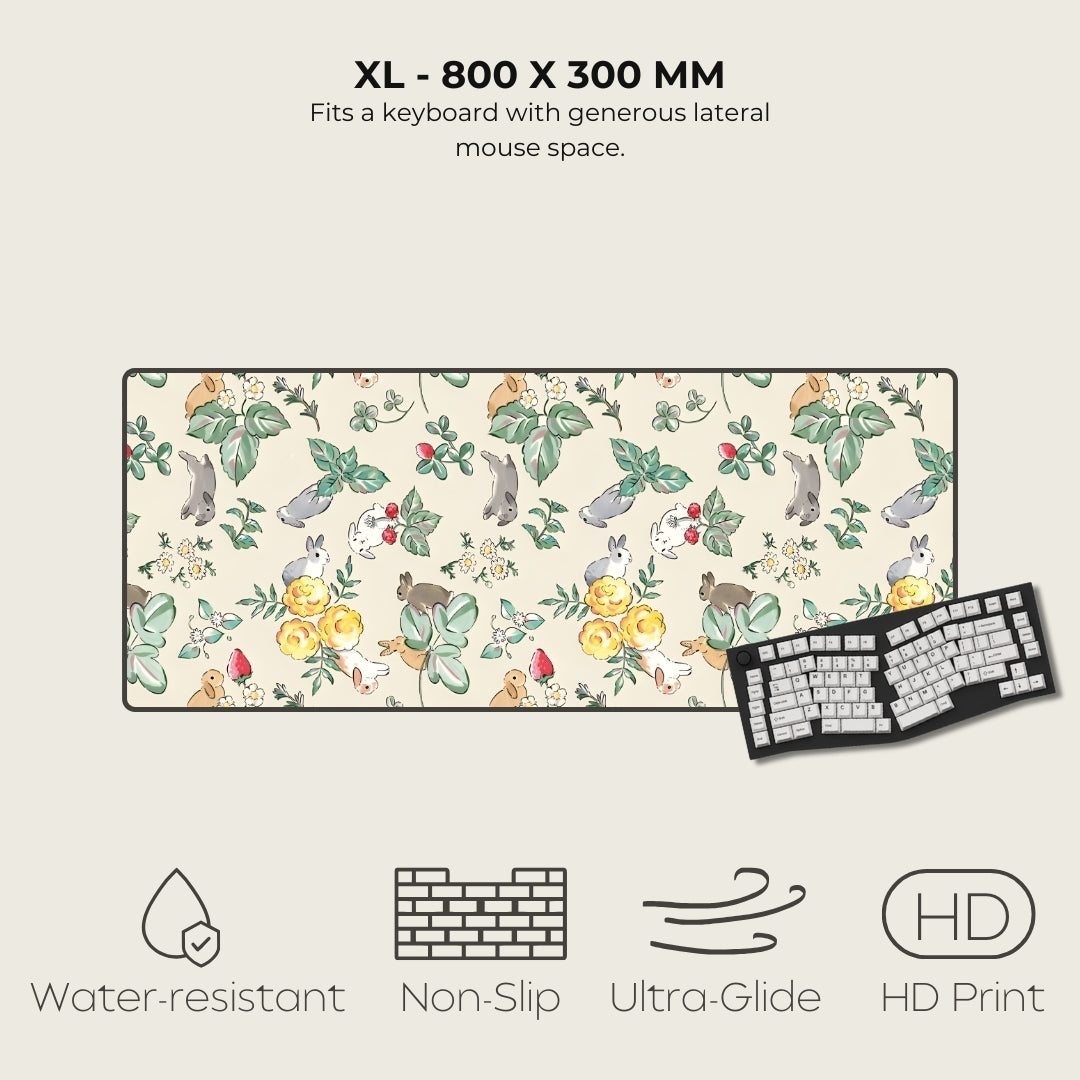 Large floral mouse pad with a keyboard on a light beige background, featuring text and icons about product dimensions and features.