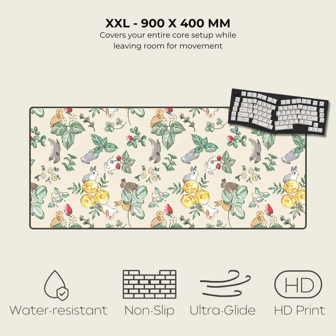 Floral and animal patterned mouse pad with keyboard on a white background