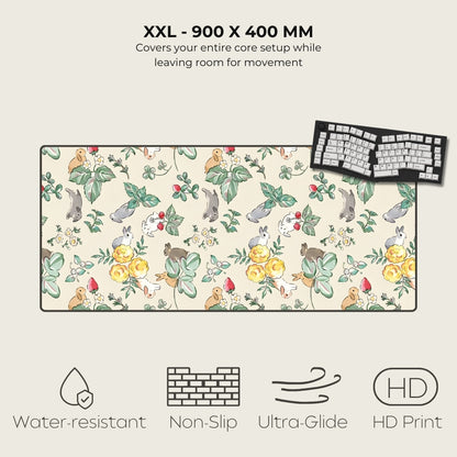 Floral and animal patterned mouse pad with keyboard on a white background