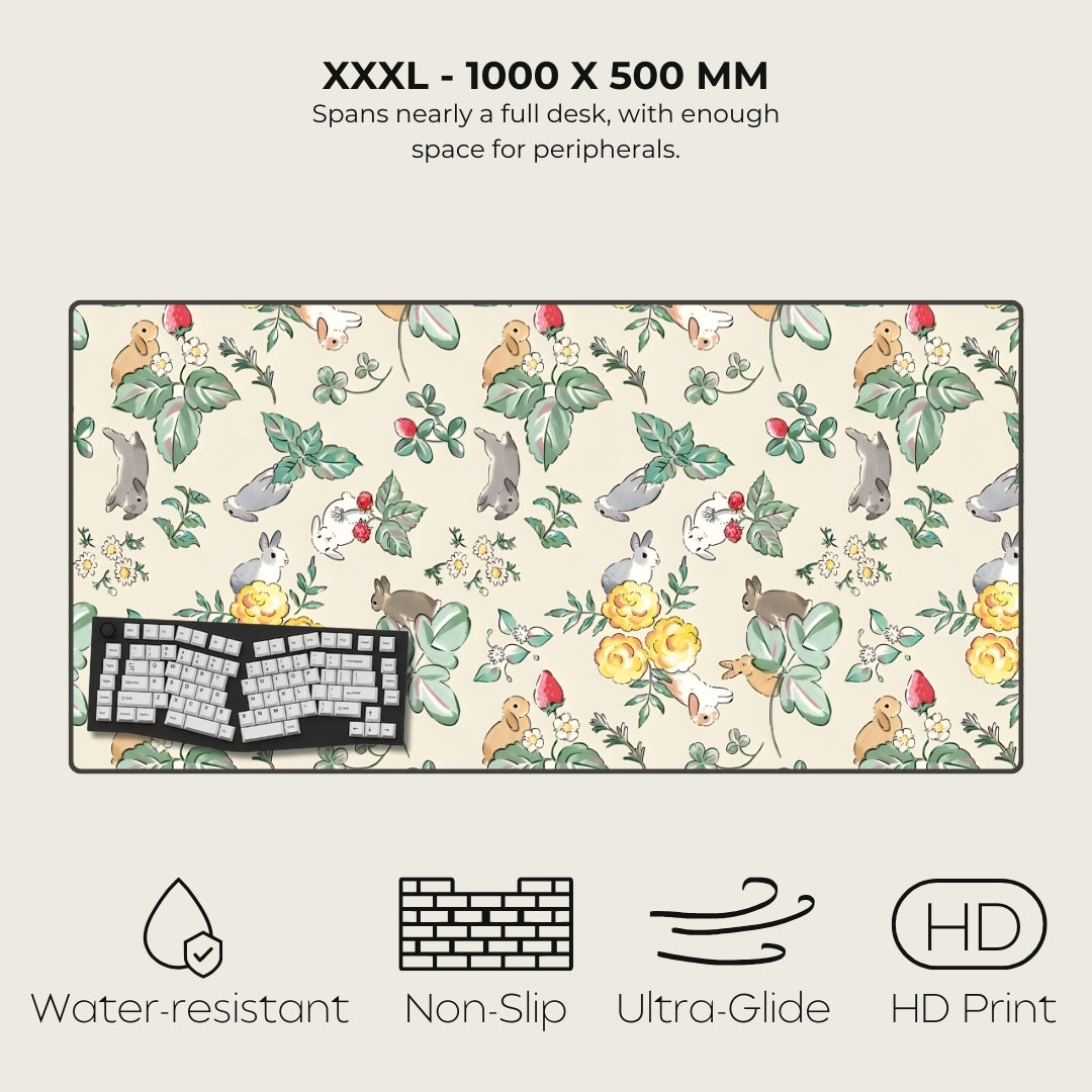 Large desk mat with animal and floral pattern, keyboard on it, labeled with features.