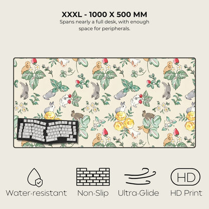 Large desk mat with animal and floral pattern, keyboard on it, labeled with features.