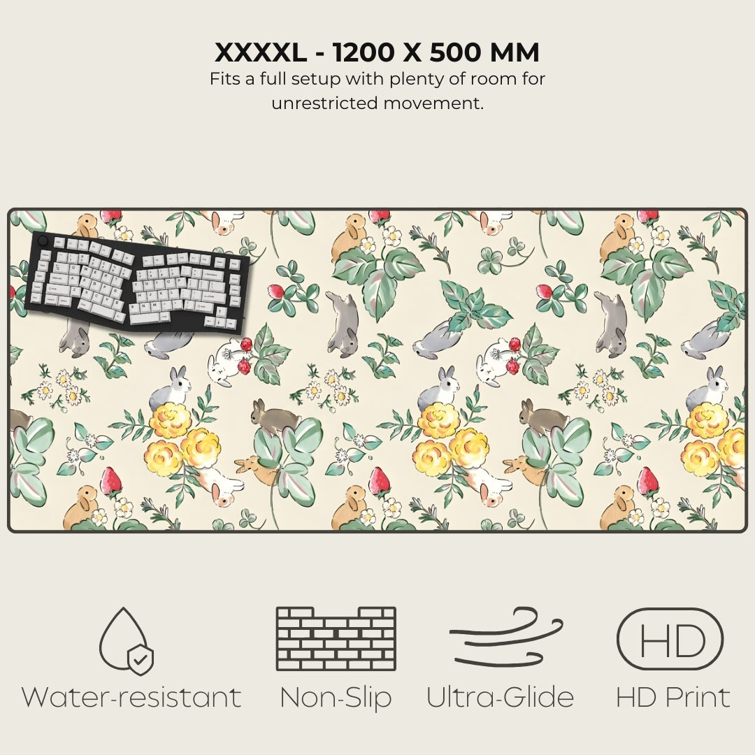 Large mouse pad with nature-themed design featuring animals and flowers, with text and icons indicating features.