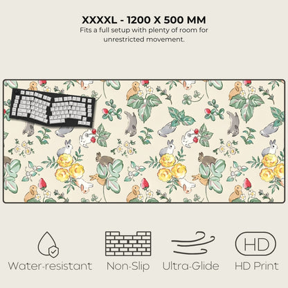 Large mouse pad with nature-themed design featuring animals and flowers, with text and icons indicating features.