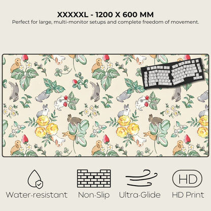 Floral and animal patterned desk mat with keyboard on a white background
