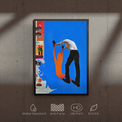 Framed artwork of a person interacting with colorful posters on a textured wall.