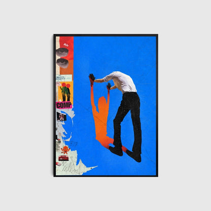 Framed artwork with a blue background and silhouettes of people, on a light gray background.