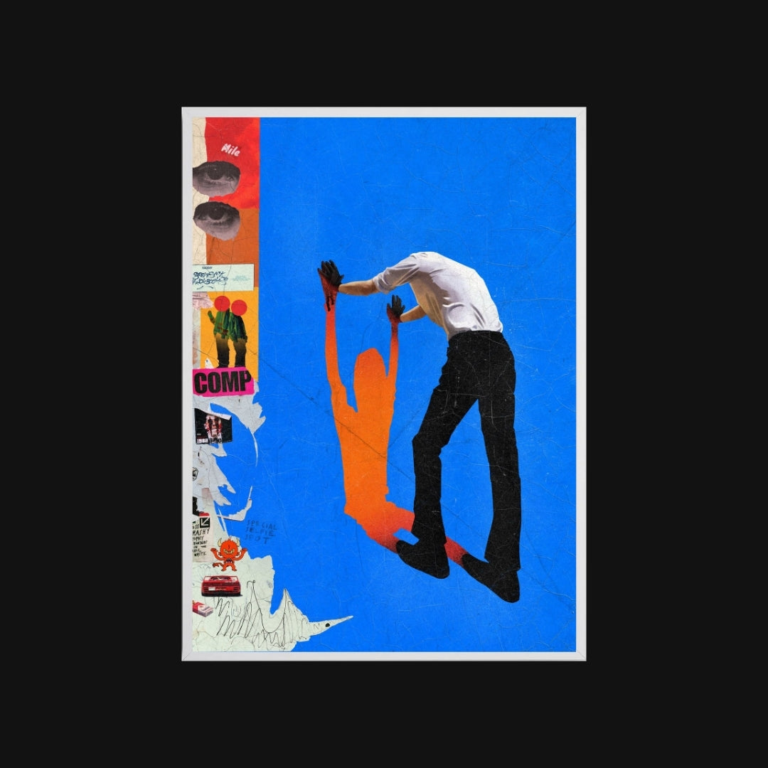 Poster with a stylized illustration of a person painting a blue wall, with a smaller inset image on the left.