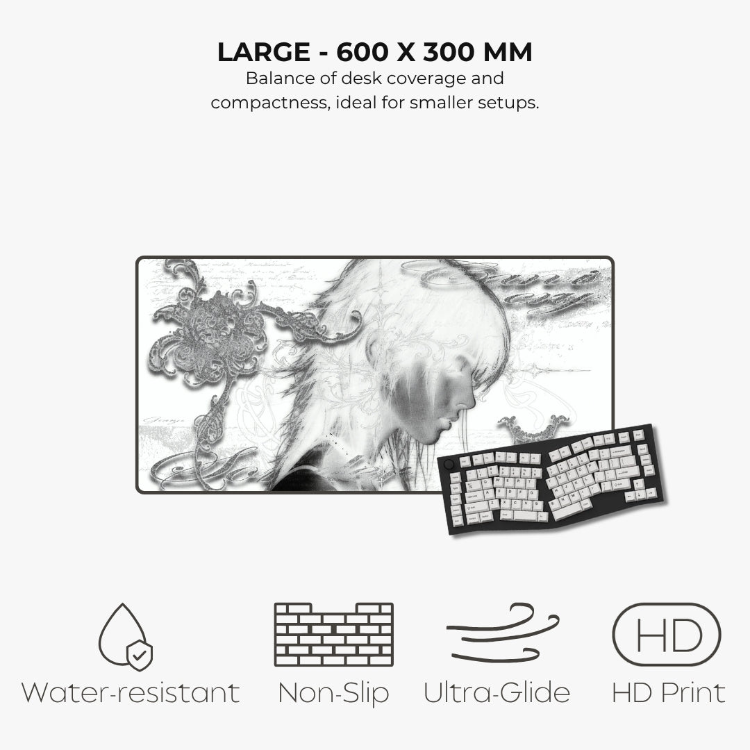 A large rectangular desk mat with a black-and-white anime-style illustration, shown alongside a keyboard on a light gray background. Text at the top reads 'LARGE - 600 X 300 MM' and the bottom includes feature icons for water-resistant, non-slip, ultra-glide, and HD print.