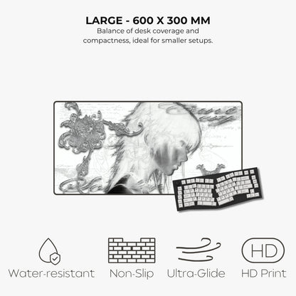 A large rectangular desk mat with a black-and-white anime-style illustration, shown alongside a keyboard on a light gray background. Text at the top reads 'LARGE - 600 X 300 MM' and the bottom includes feature icons for water-resistant, non-slip, ultra-glide, and HD print.
