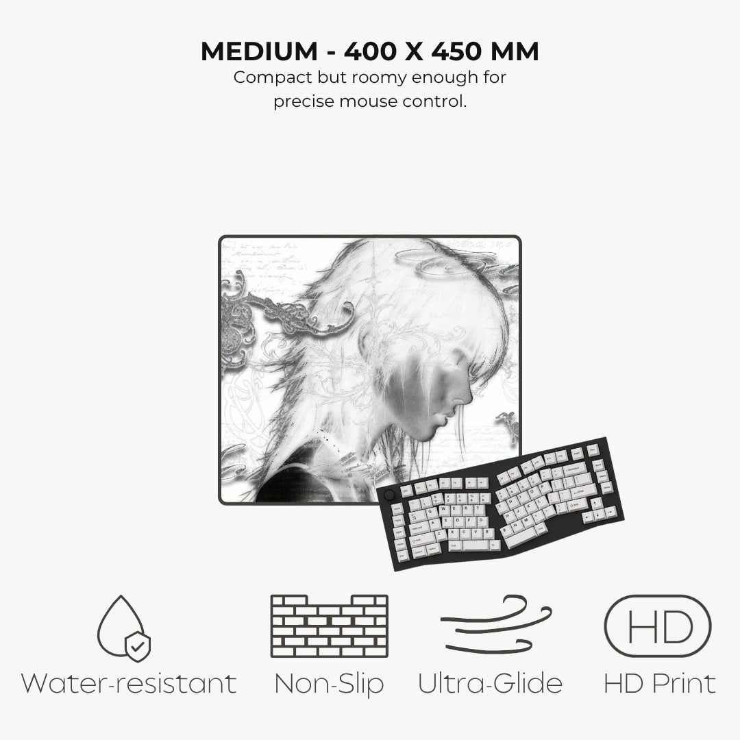 A product listing for a medium-sized desk mat. The mat features a black and white sketch of a woman with flowing hair.