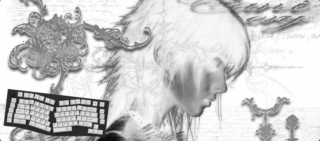 A black and white mousepad featuring a stylized profile of a woman with flowing hair, overlaid with ornate baroque-style flourishes and a keyboard layout diagram in the lower-left corner, presented on a black background.