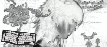 A black and white mousepad featuring a stylized profile of a woman with flowing hair, overlaid with ornate baroque-style flourishes and a keyboard layout diagram in the lower-left corner, presented on a black background.
