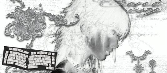 A black and white mousepad featuring a stylized profile of a woman with flowing hair, overlaid with ornate baroque-style flourishes and a keyboard layout diagram in the lower-left corner, presented on a black background.