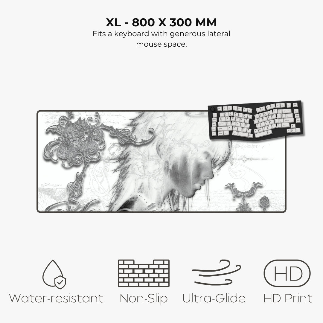 A product information graphic for an XL mouse pad. The pad features a black and white artistic illustration of a woman's profile with ornate baroque details.