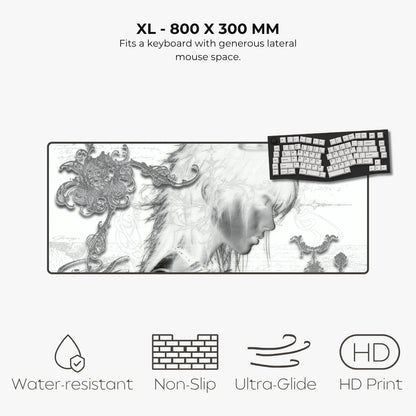 A product information graphic for an XL mouse pad. The pad features a black and white artistic illustration of a woman's profile with ornate baroque details.