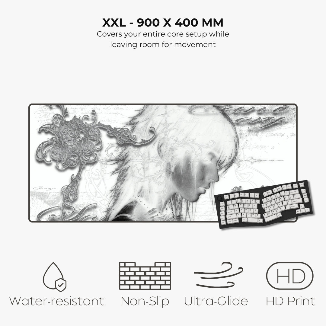 A large XXL gaming mouse pad shown on a light gray background, featuring a black-and-white anime-style illustration of a woman's profile. Text at the top reads 'XXL - 900 X 400 MM' and describes coverage and movement room.