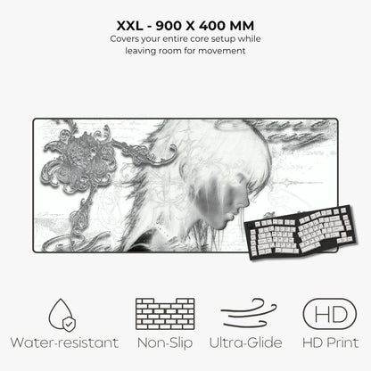 A large XXL gaming mouse pad shown on a light gray background, featuring a black-and-white anime-style illustration of a woman's profile. Text at the top reads 'XXL - 900 X 400 MM' and describes coverage and movement room.