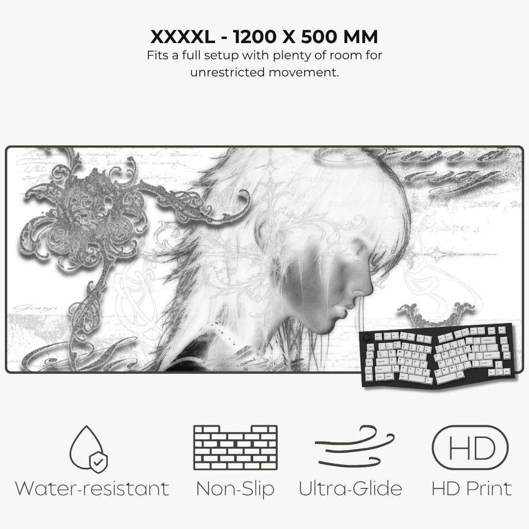 A product listing graphic for a large desk mat or gaming mat. The top text reads 'XXXXL - 1200 X 500 MM' with a subtitle about fitting a full setup with room for unrestricted movement.