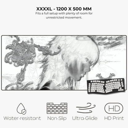 A product listing graphic for a large desk mat or gaming mat. The top text reads 'XXXXL - 1200 X 500 MM' with a subtitle about fitting a full setup with room for unrestricted movement.