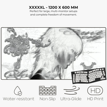 Promotional graphic for a large black and white mousepad, featuring a profile sketch of a woman with flowing hair, ornate decorative flourishes, and a small inset showing the full keyboard layout. Text at the top reads 'XXXXXL - 1200 X 600 MM' with additional feature callouts below: water-resistant, non-slip, ultra-glide, and HD print.