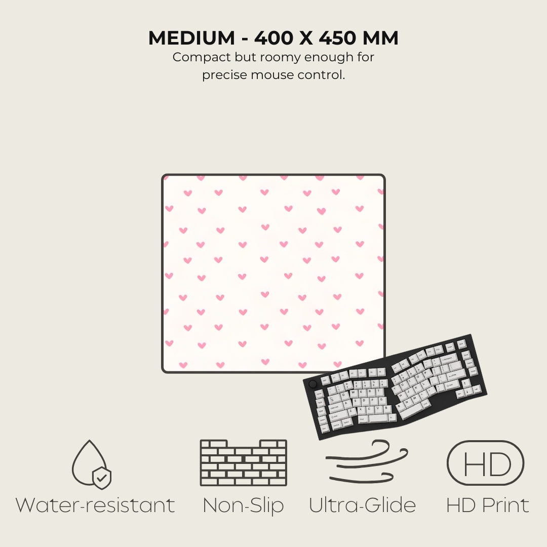 Keyboard mat with heart pattern, size 400x450 mm, featuring water-resistant, non-slip, ultra-glide, and HD print properties.