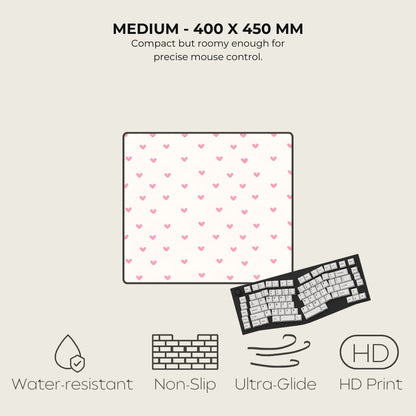 Keyboard mat with heart pattern, size 400x450 mm, featuring water-resistant, non-slip, ultra-glide, and HD print properties.