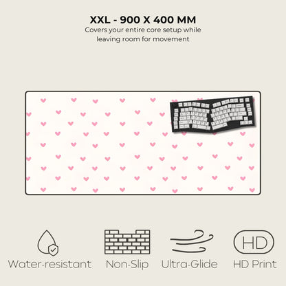 Large mouse pad with heart pattern and keyboard illustration, featuring text and icons on a light gray background.