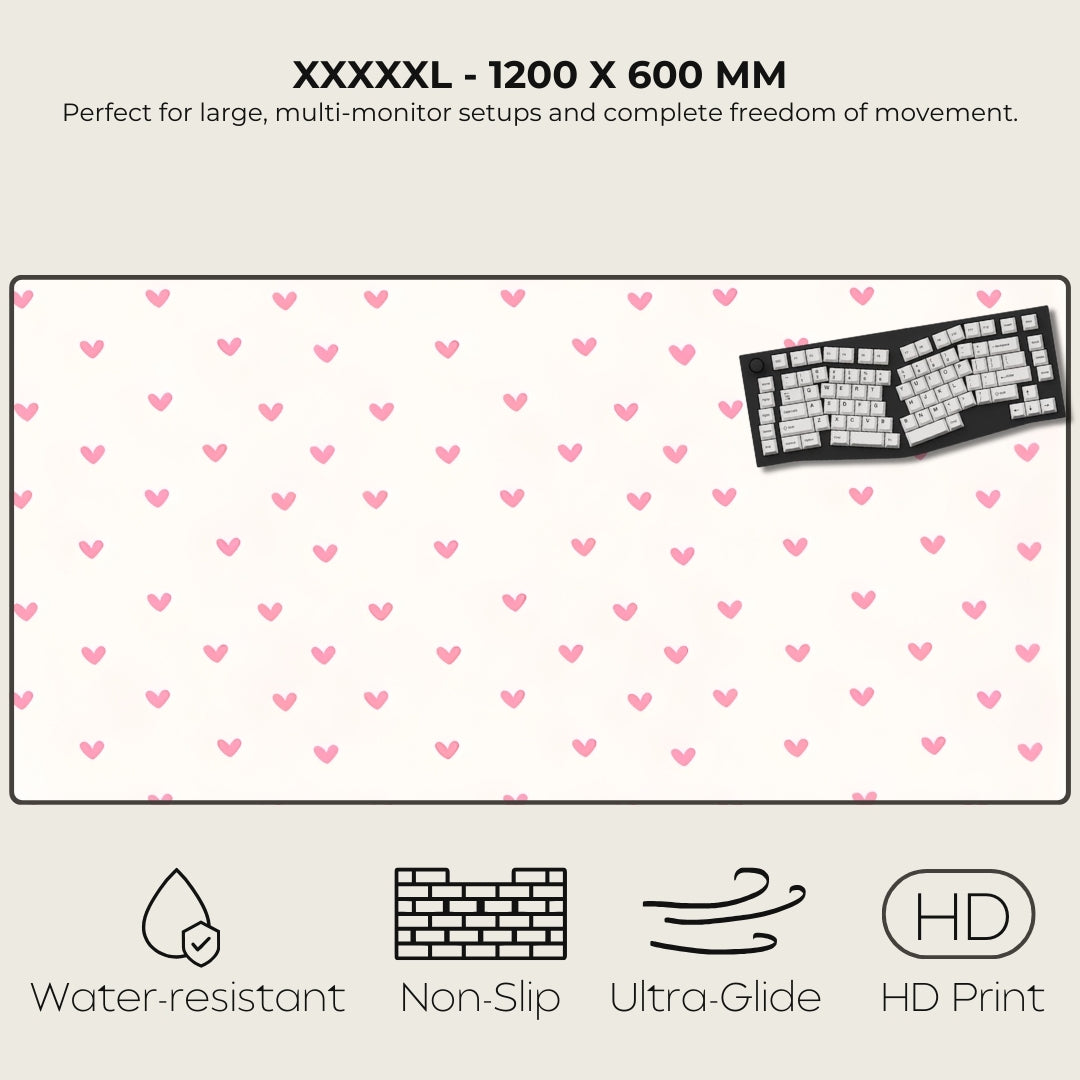 Large mouse pad with heart pattern, keyboard, and product features listed.