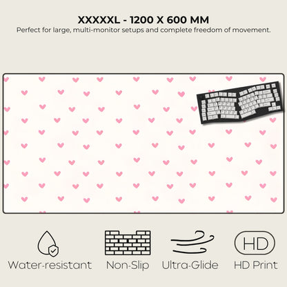 Large mouse pad with heart pattern, keyboard, and product features listed.