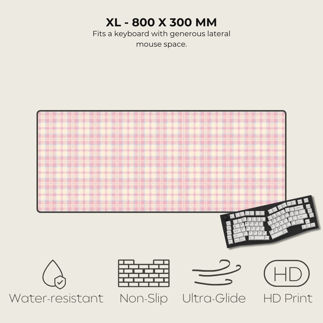 Pink checkered mouse pad with text and icons on a beige background