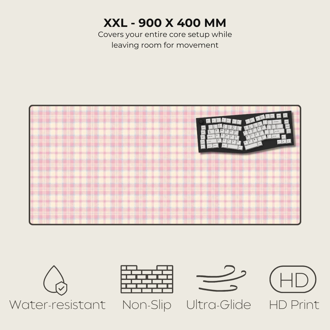 Large gaming mouse pad with checkered pattern and keyboard graphic, featuring text and icons on a white background.